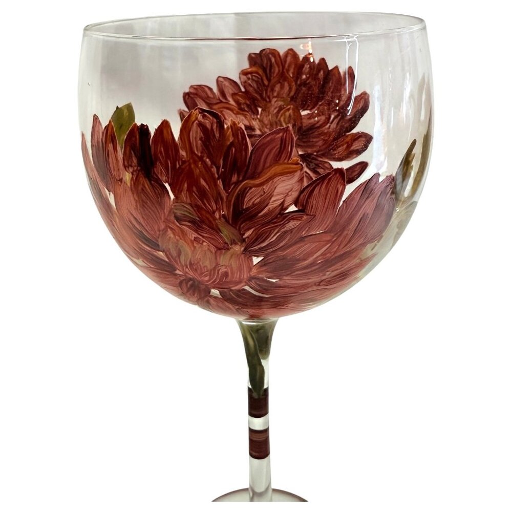 2 BLOCK Basics Hand Painted Floral Balloon Wine Goblets Glass Mum Chrysanthemum - Picture 2 of 8